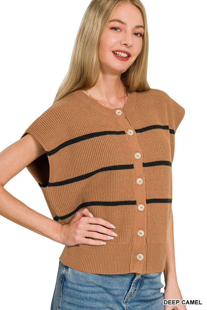 DEEP CAMEL Ribbed knit striped sweater vest with button-down front
