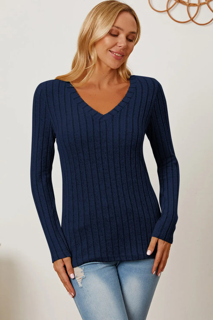 Ribbed v-neck long sleeve knit top