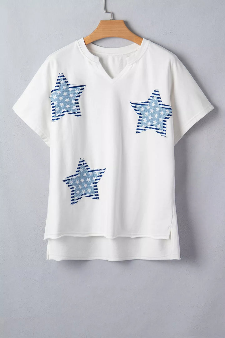 Patriotic star-patch mineral-washed notched-neck tee