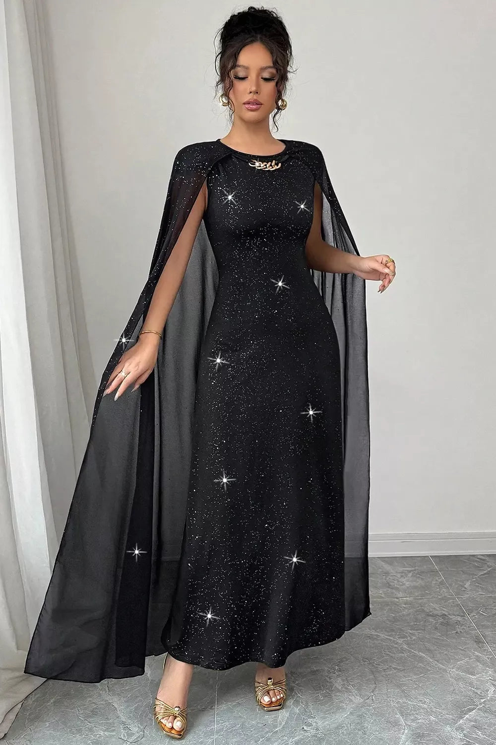 Glitter cape-sleeve maxi dress with chain neckline detail