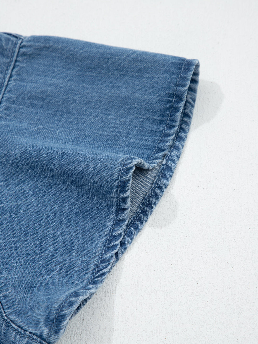 Ruffle sleeve denim button-down shirt with pearl snaps
