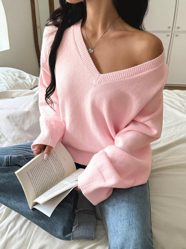 V-neck loose knit sweater with ribbed trim