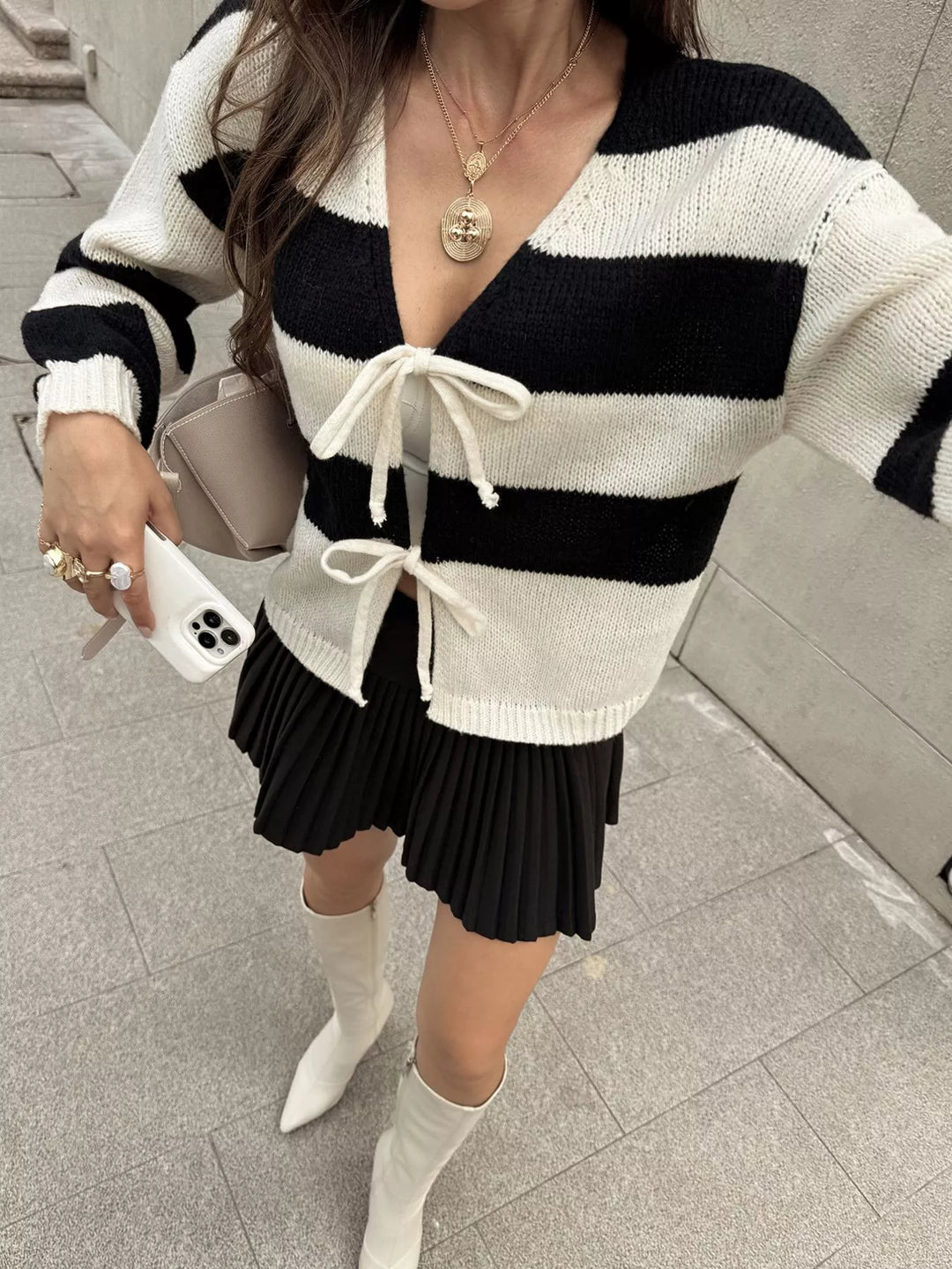 Striped tie-front knit cardigan with V-neck