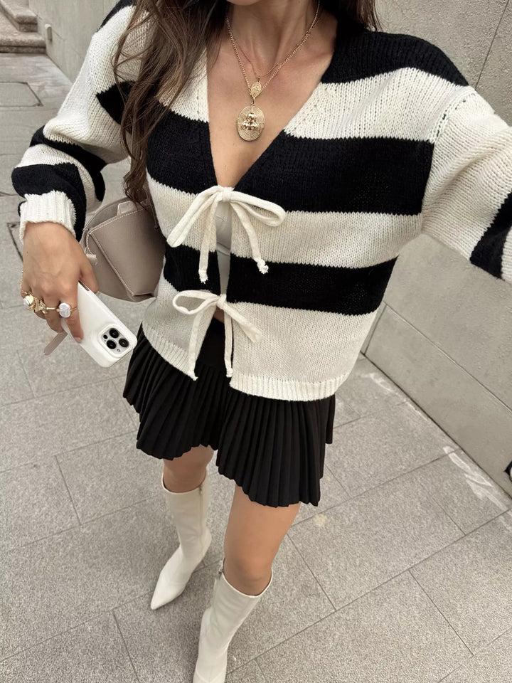Striped tie-front knit cardigan with V-neck