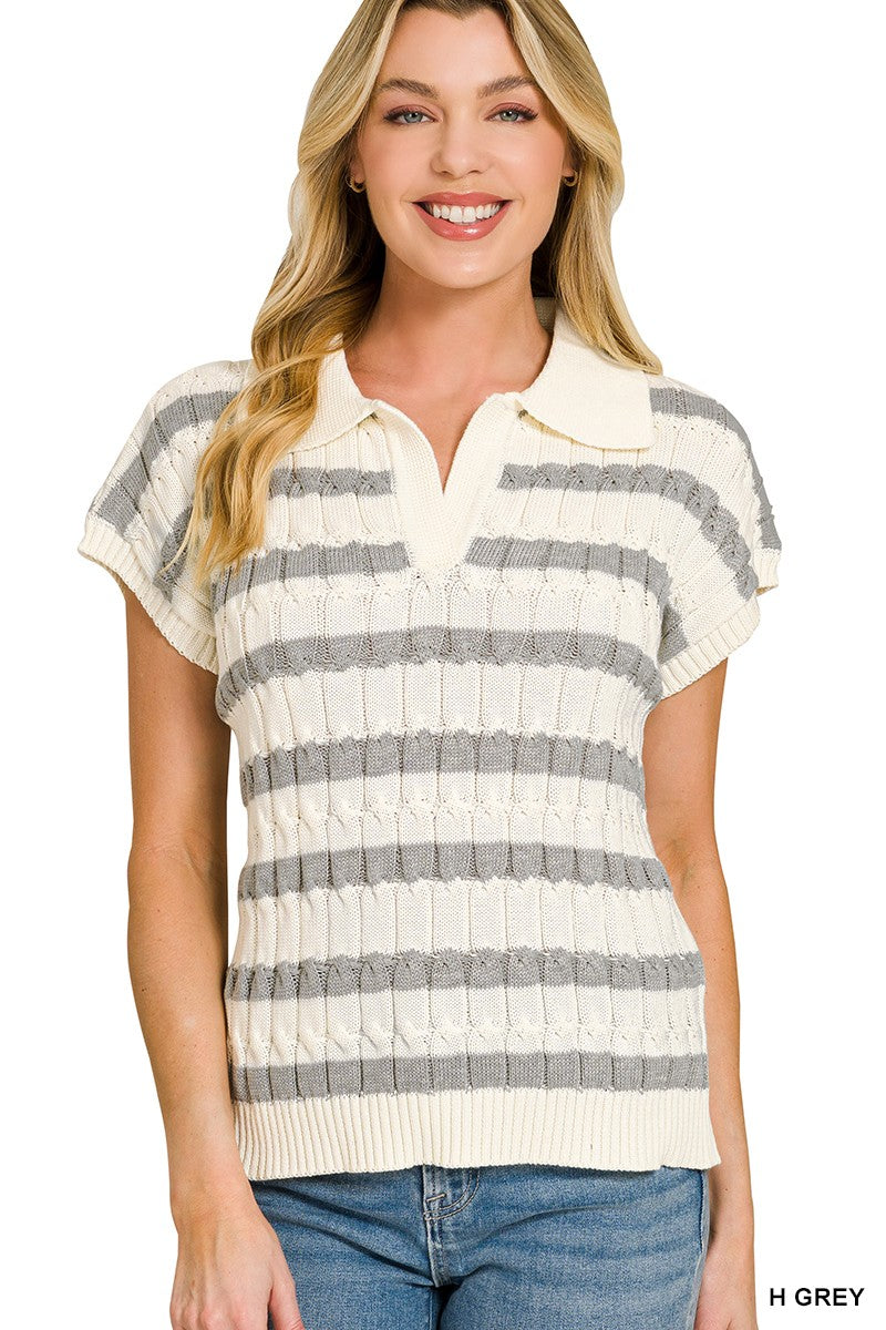 H GREY Striped ribbed knit collared short-sleeve sweater