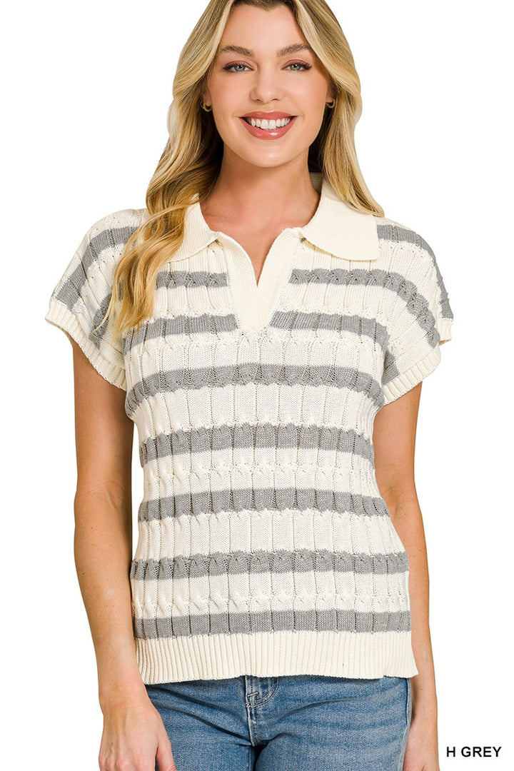 H GREY Striped ribbed knit collared short-sleeve sweater