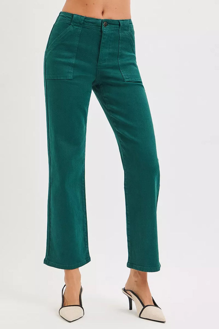 High-rise ankle flare jeans with utility patch pockets