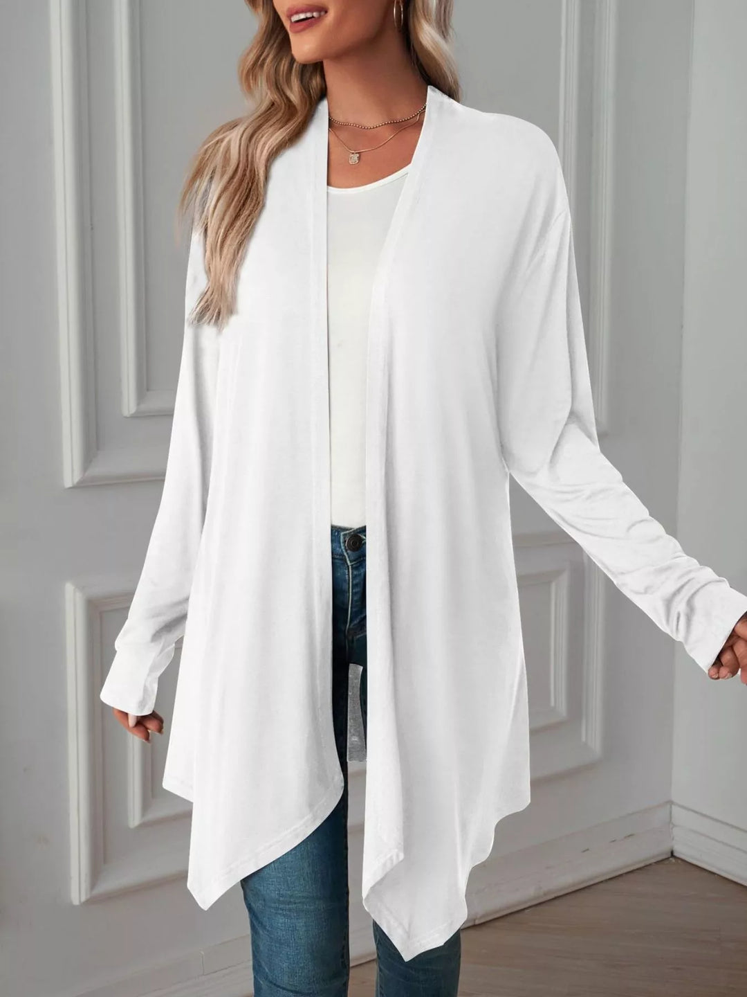 Lightweight open front cardigan with draped waterfall hem