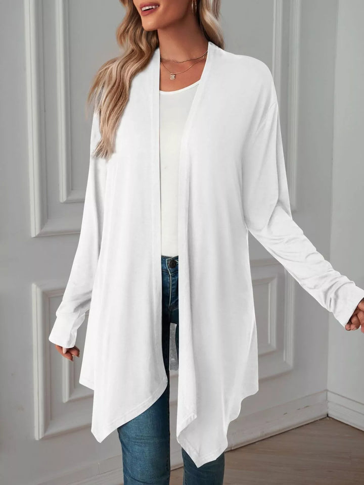 Lightweight open front cardigan with draped waterfall hem