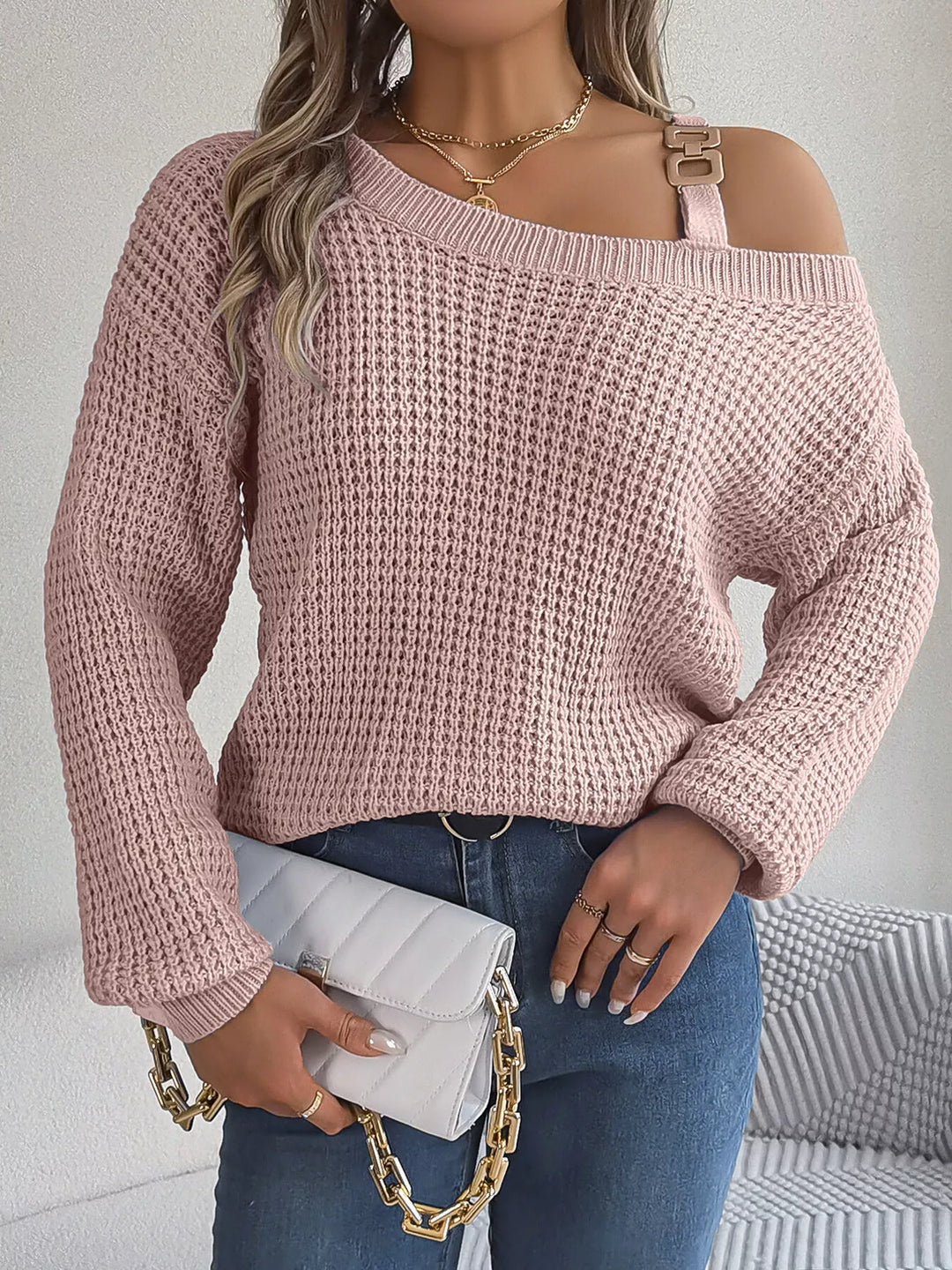 Asymmetrical cold-shoulder openwork knit sweater with chain strap