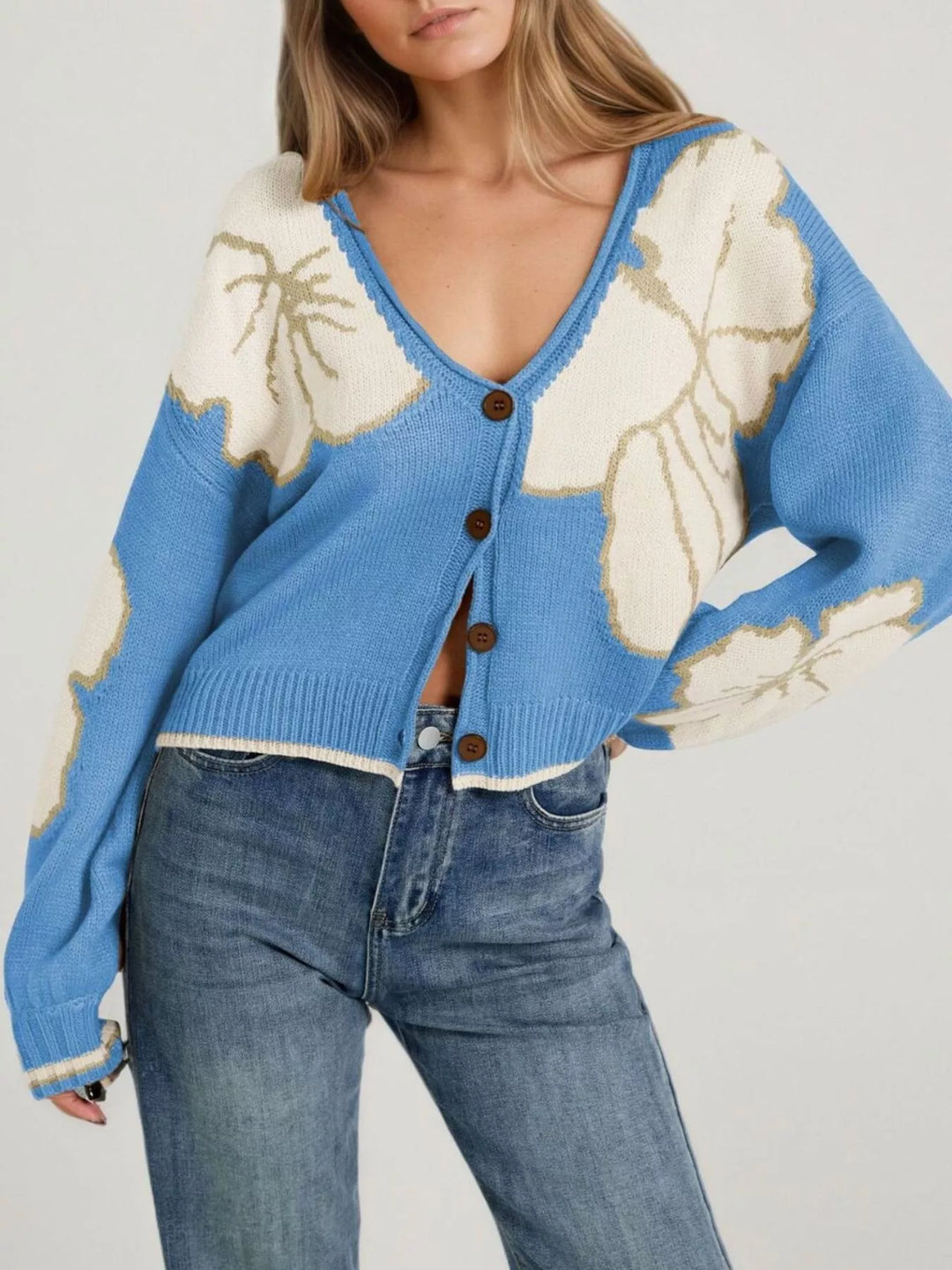 Blue Floral intarsia knit cardigan with deep V-neck and buttons