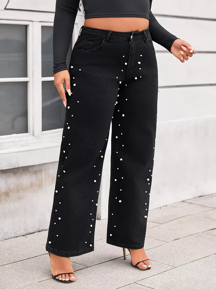 Black Plus size pearl embellished wide-leg jeans