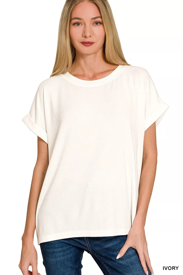 IVORY Melange hacci knit short sleeve round neck top