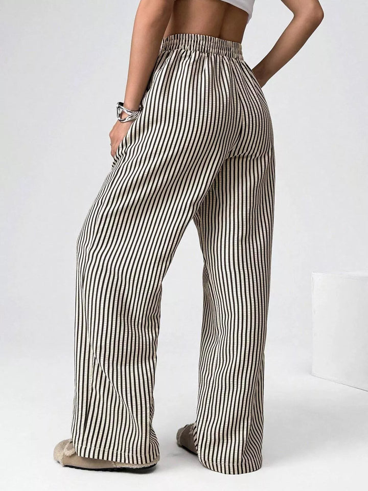 Striped high-waist wide-leg pants with drawstring
