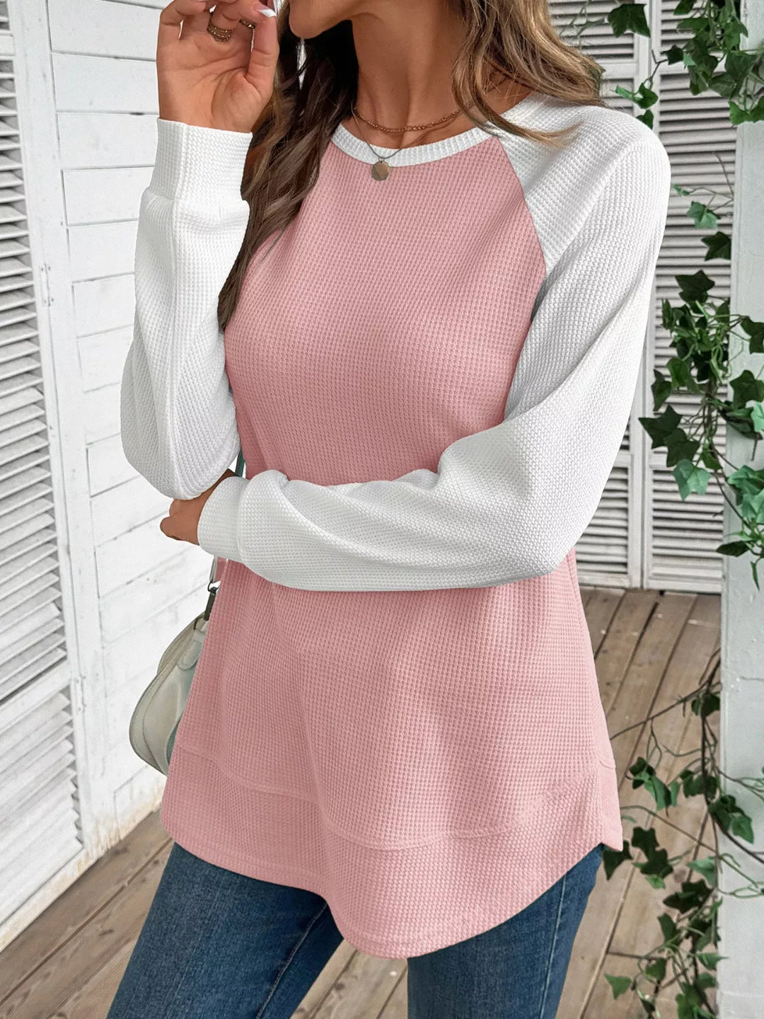 Waffle knit long sleeve raglan tunic top
