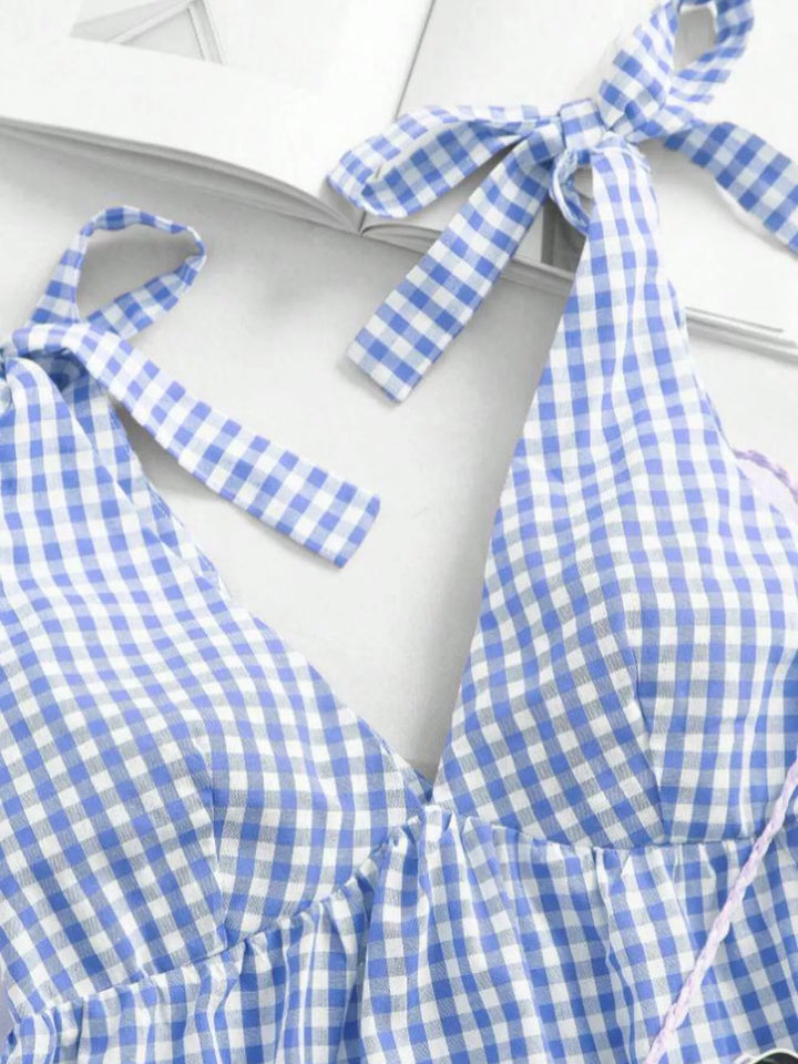 Gingham tie-shoulder ruffle hem mini dress