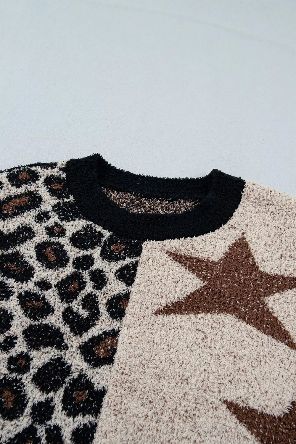 Leopard and star colorblock fuzzy knit pullover sweater