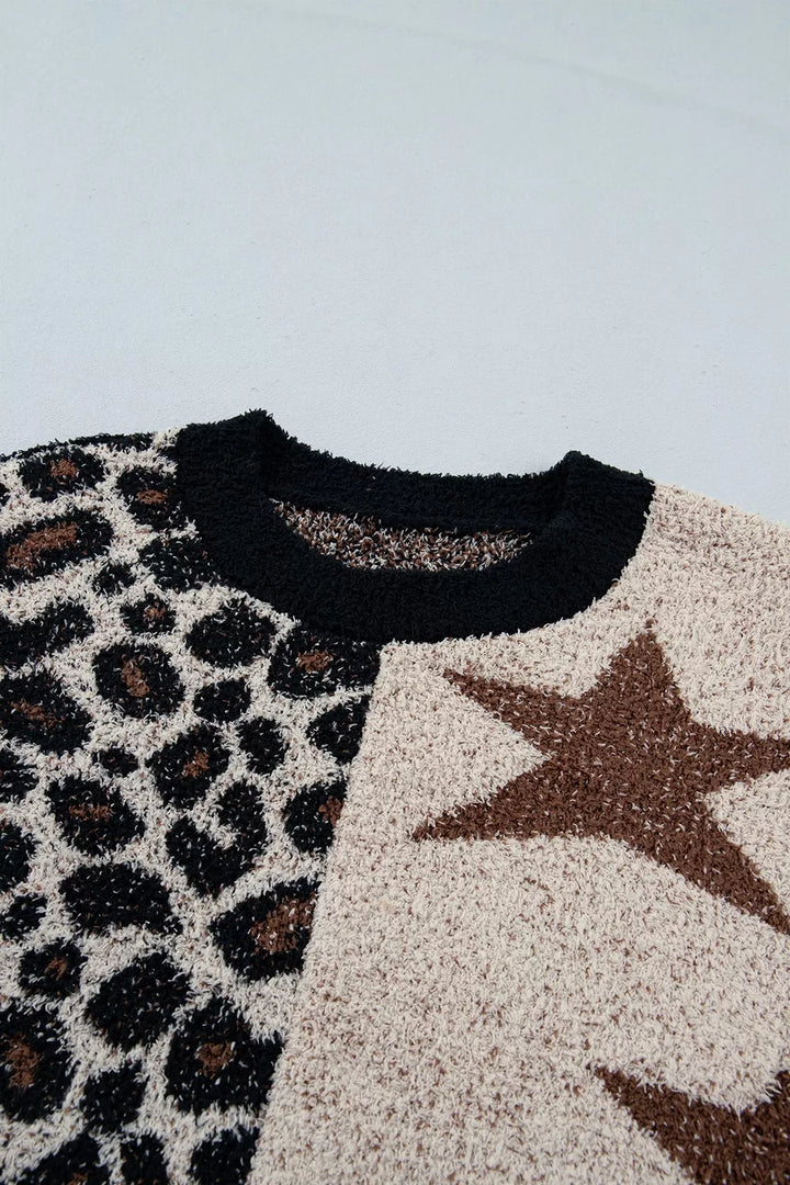 Leopard and star colorblock fuzzy knit pullover sweater