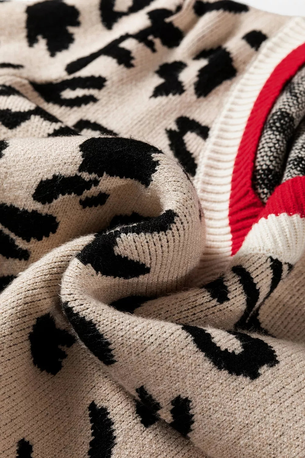 Leopard print v-neck sweater with contrast varsity rib trim