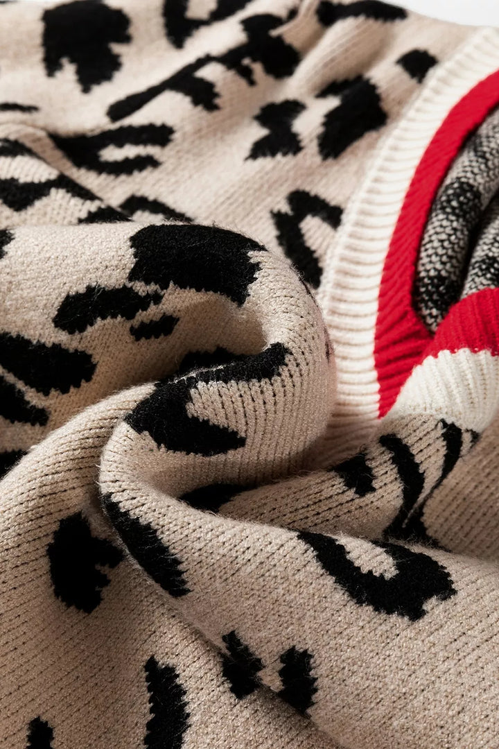 Leopard print v-neck sweater with contrast varsity rib trim