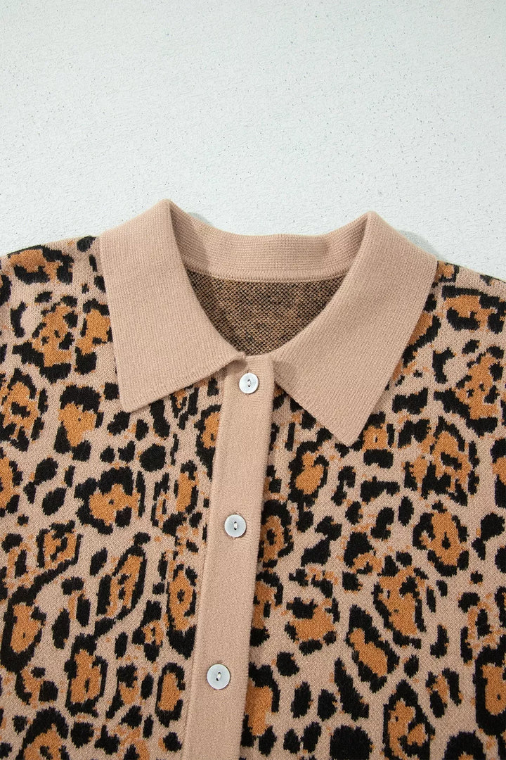 Leopard print collared button-front knit cardigan