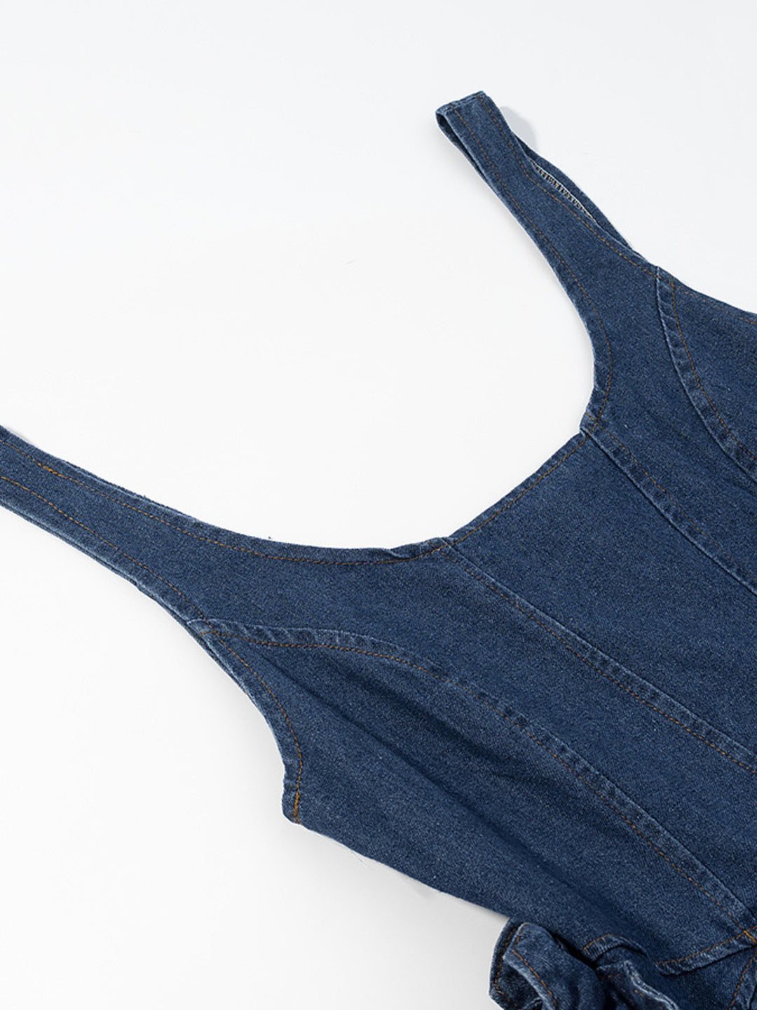 Tiered ruffle denim mini dress with rose appliqués