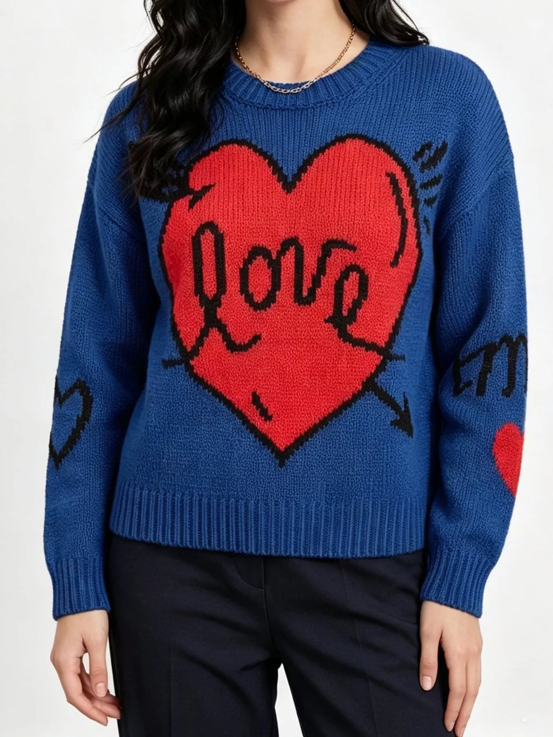 Blue Heart and arrow graphic knit sweater with ribbed trim