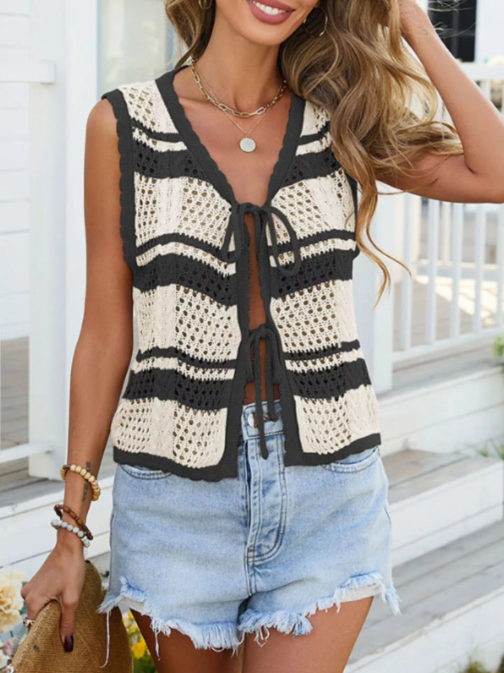 Striped open-knit tie-front sleeveless cardigan