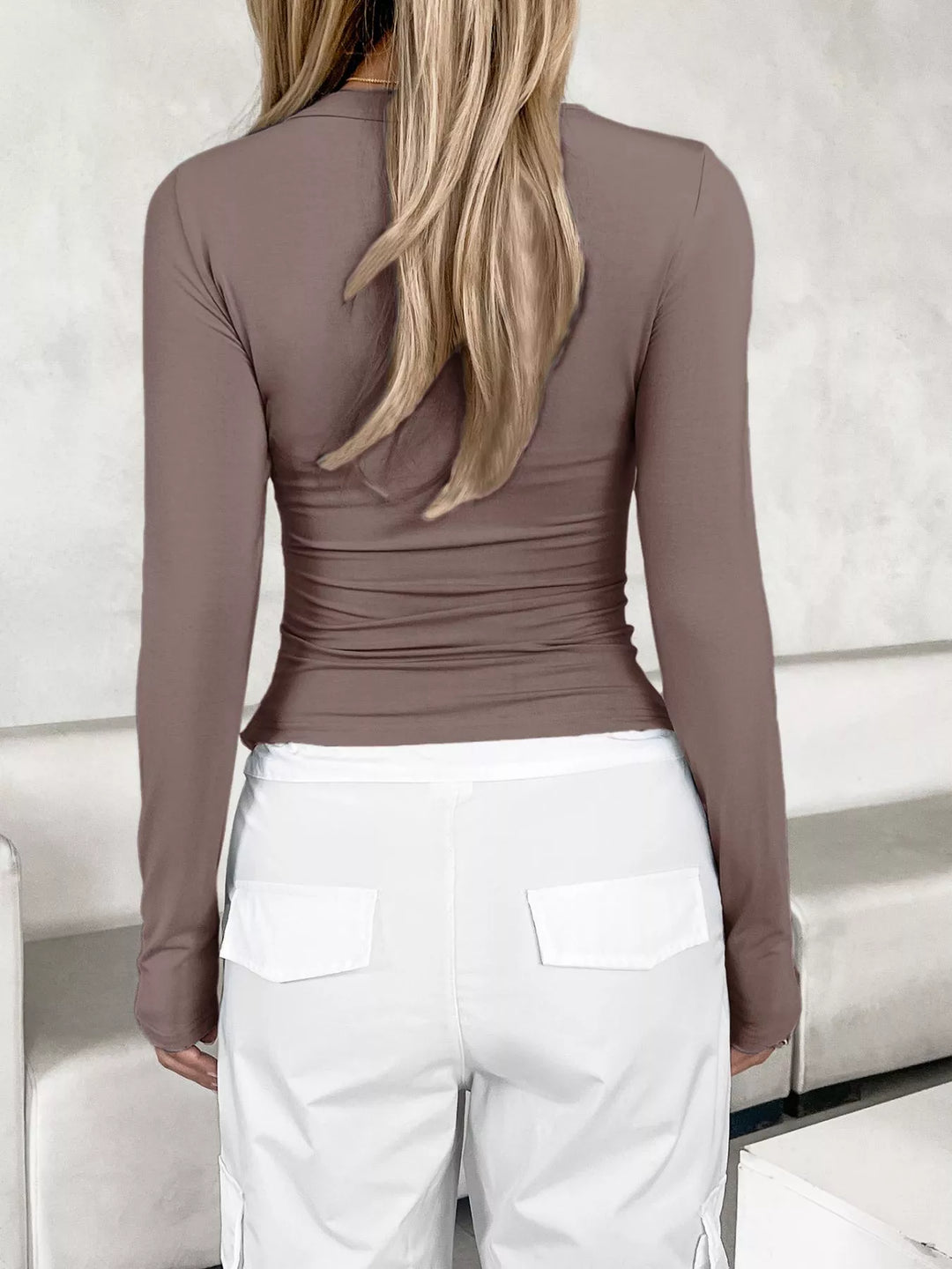 Deep scoop neck slim fit long sleeve top