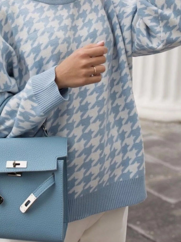 Houndstooth oversized crewneck knit sweater