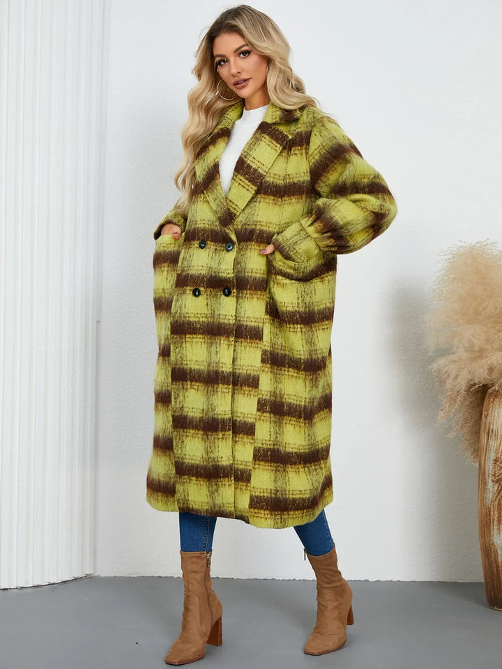 Plaid double-breasted longline coat with notch lapel