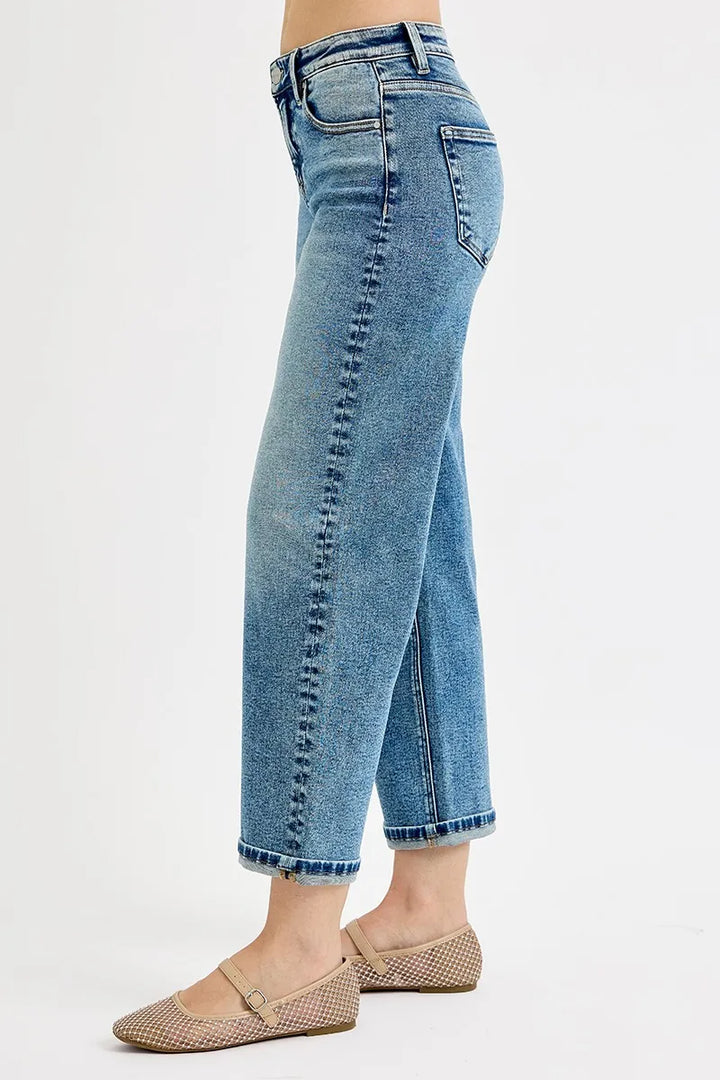 High-rise cropped boyfriend jeans with cuffed hem