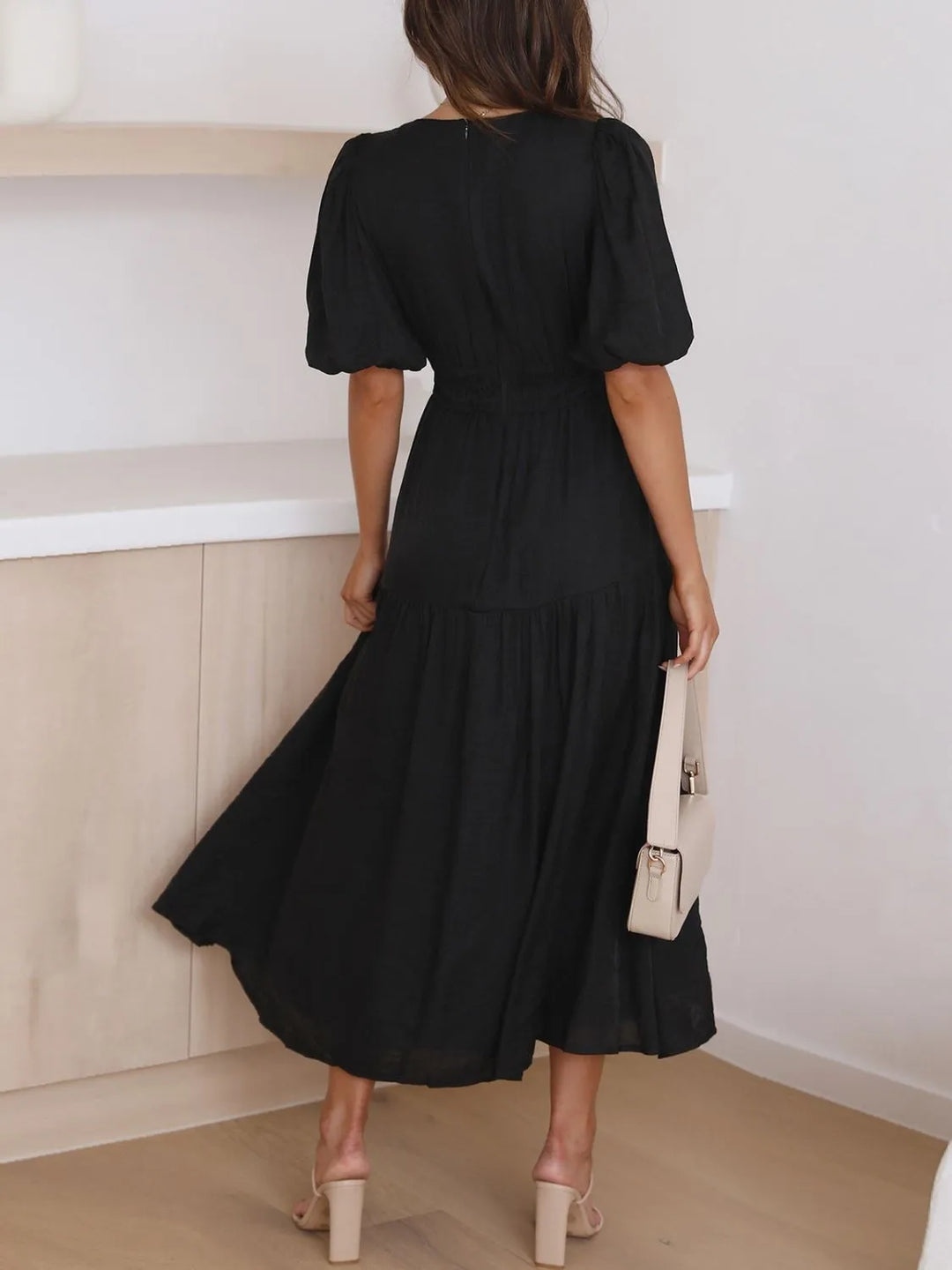 Ruched waist puff sleeve v-neck tiered midi dress