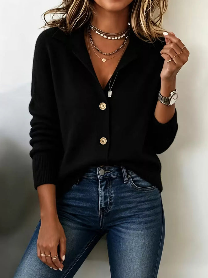Black Collared button-front knit cardigan with ribbed cuffs