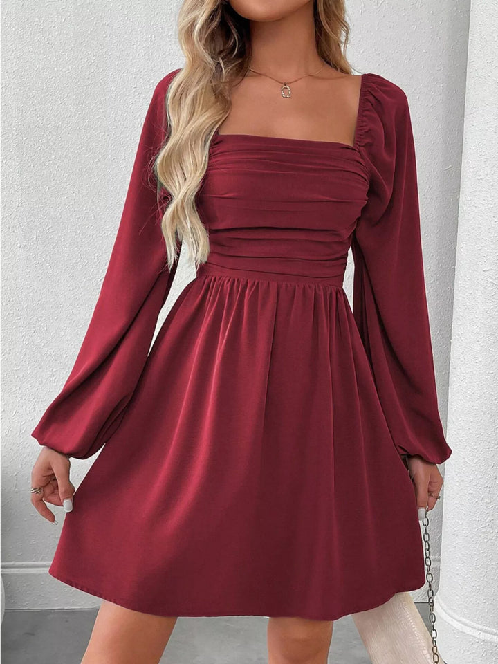 Ruched square-neck balloon sleeve A-line mini dress