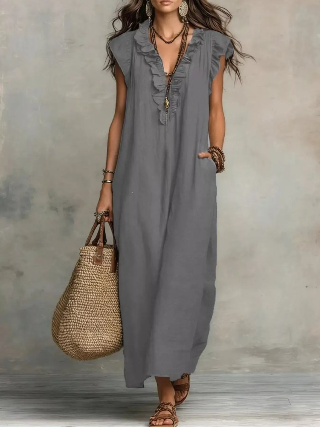 Gray Ruffled v-neck cap sleeve maxi dress with side pockets