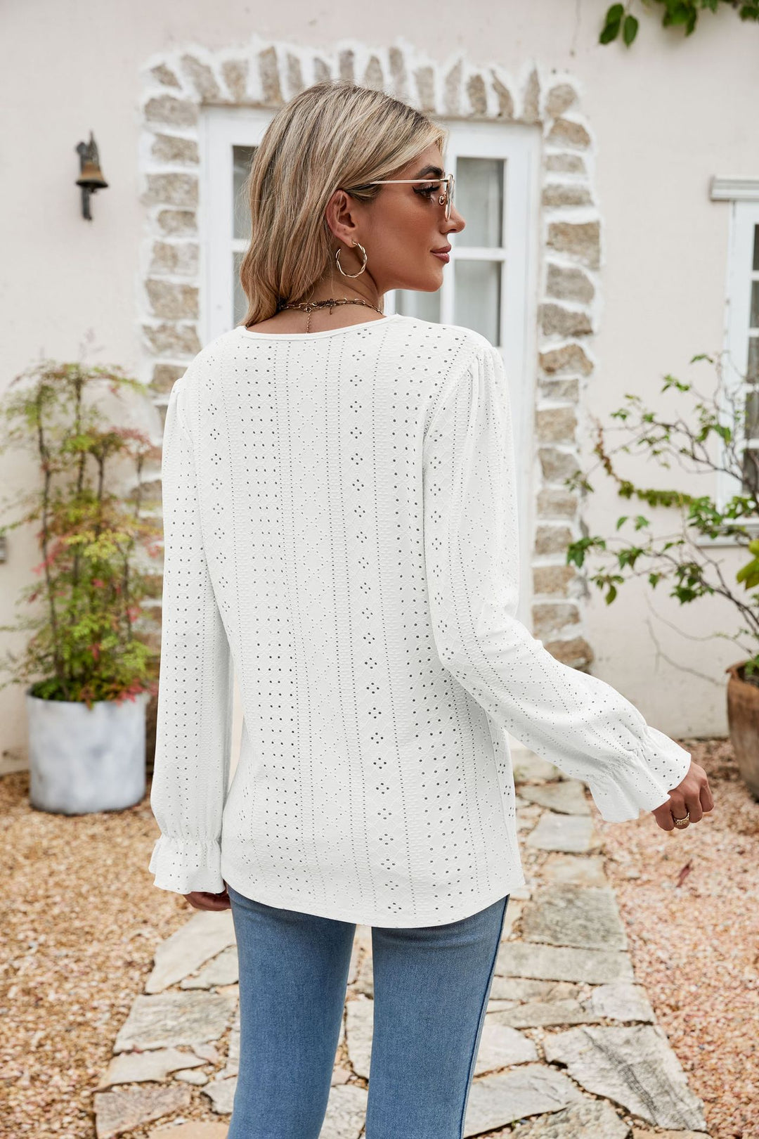 Eyelet lace-trim V-neck blouse with flounce sleeves