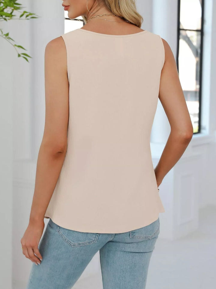 Front-pleat V-neck sleeveless tank top