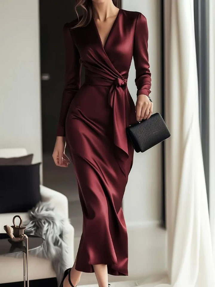 Burgundy Ruched satin maxi dress with tie waist and long sleeves