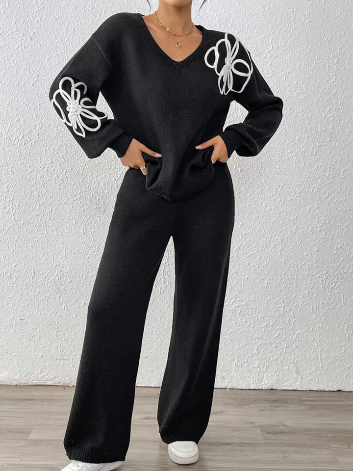 Black Floral embroidered V-neck sweater set with wide-leg pants