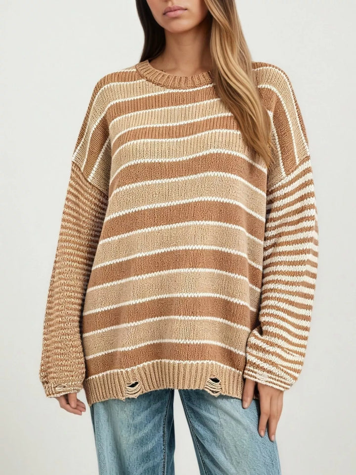 Khaki Distressed striped oversized knit sweater with raw hem