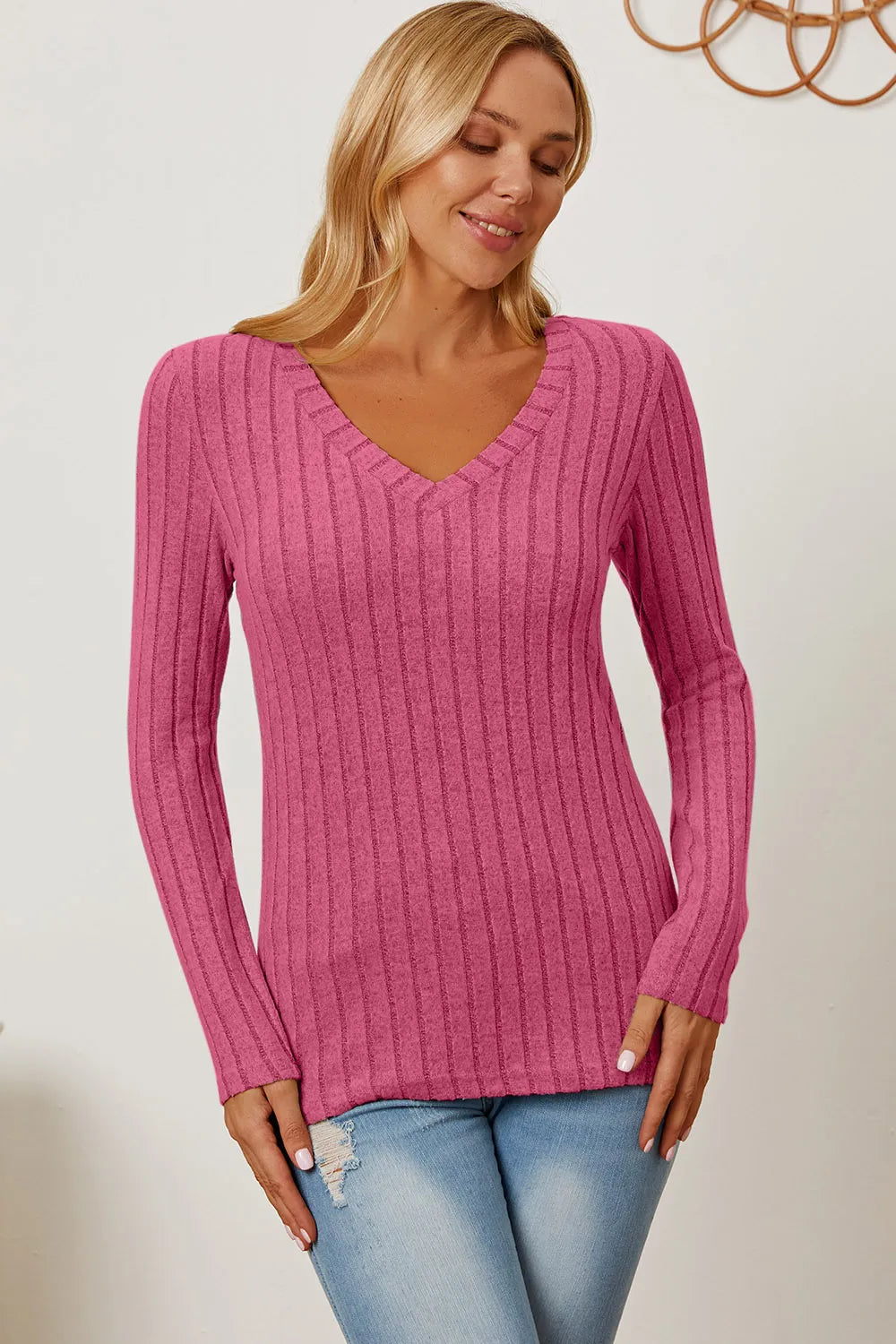 Hot Pink Ribbed v-neck long sleeve knit top