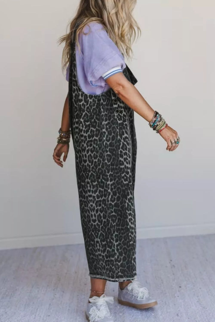 Leopard print cropped wide-leg denim overalls with raw hem
