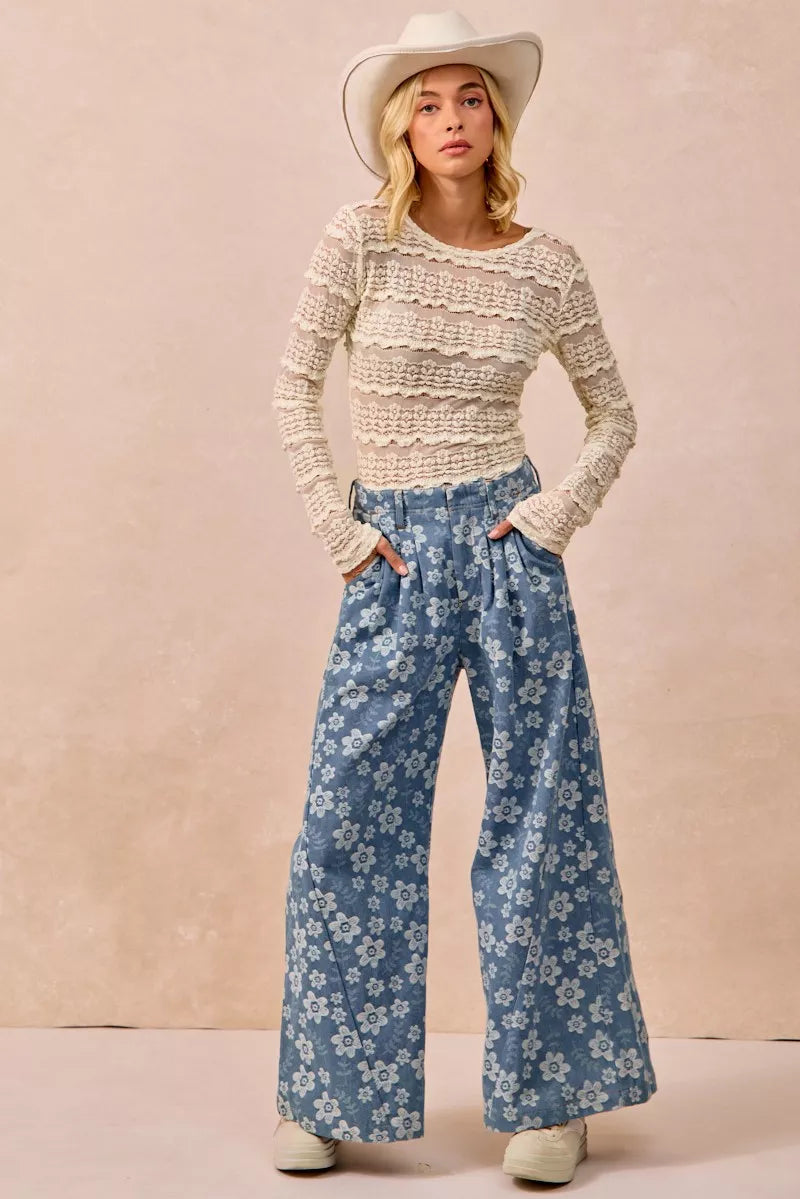 Floral lace long sleeve top with tiered ruffle rows