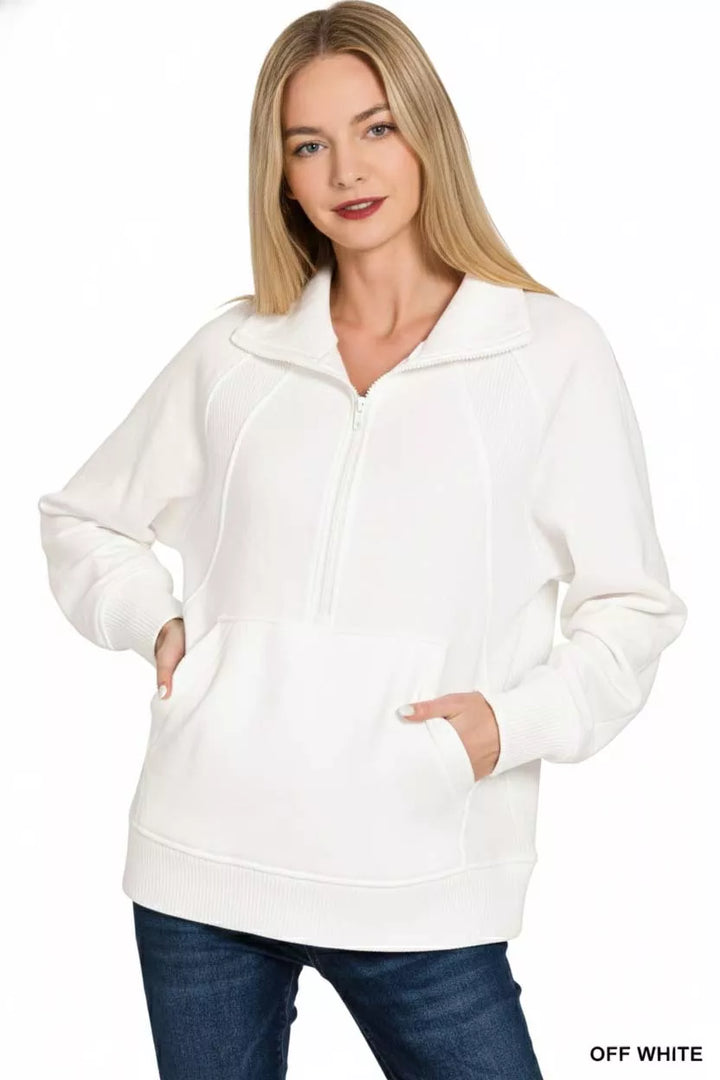 Ribbed half-zip fleece pullover with kangaroo pocket