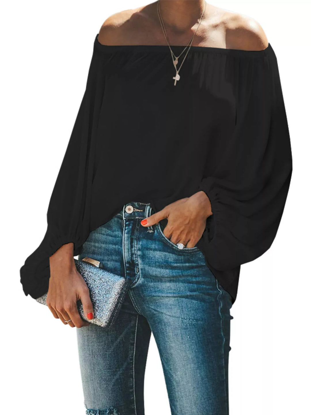 Black Off-shoulder balloon sleeve blouse