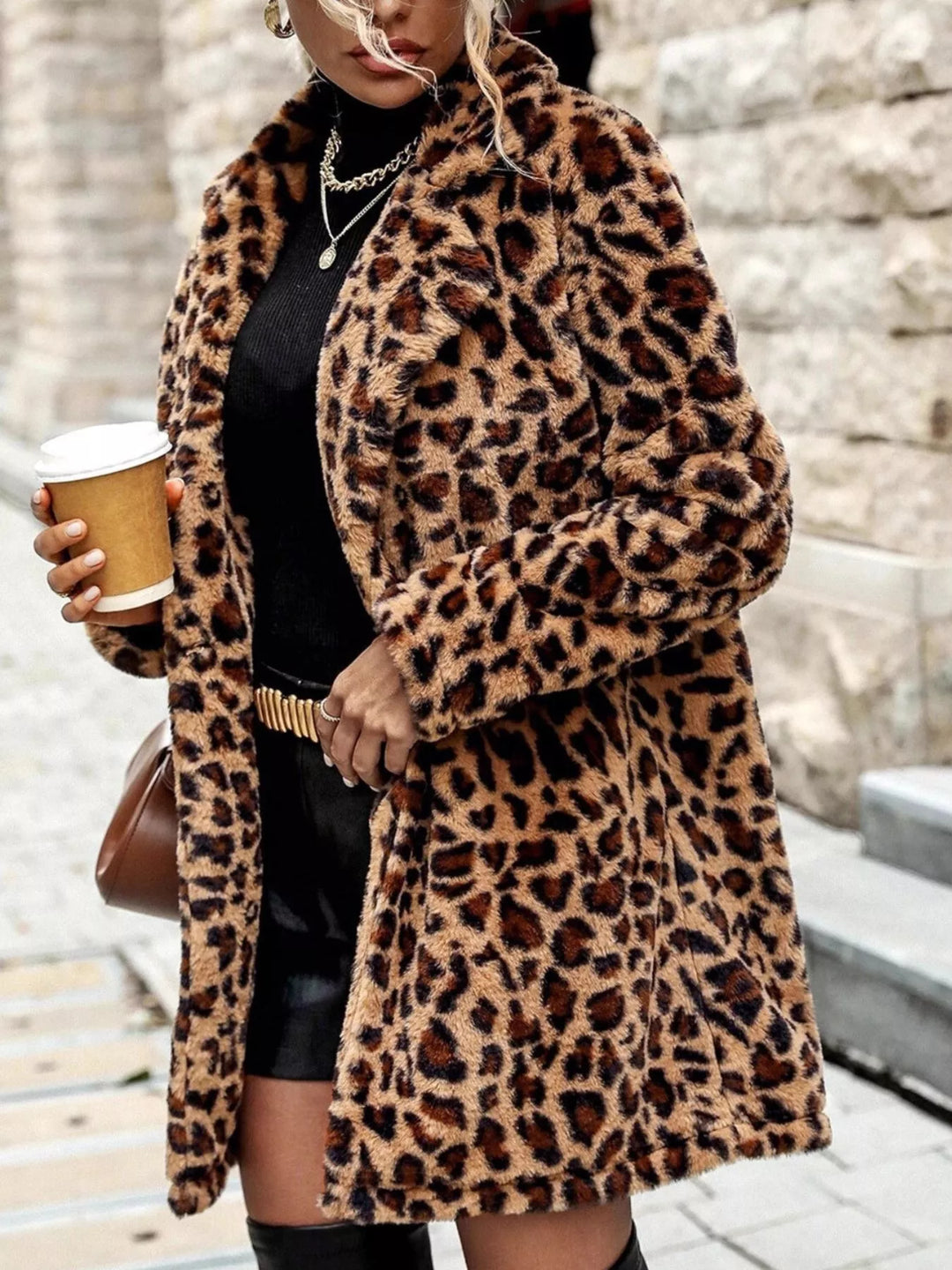Leopard print faux fur longline coat with notch lapels