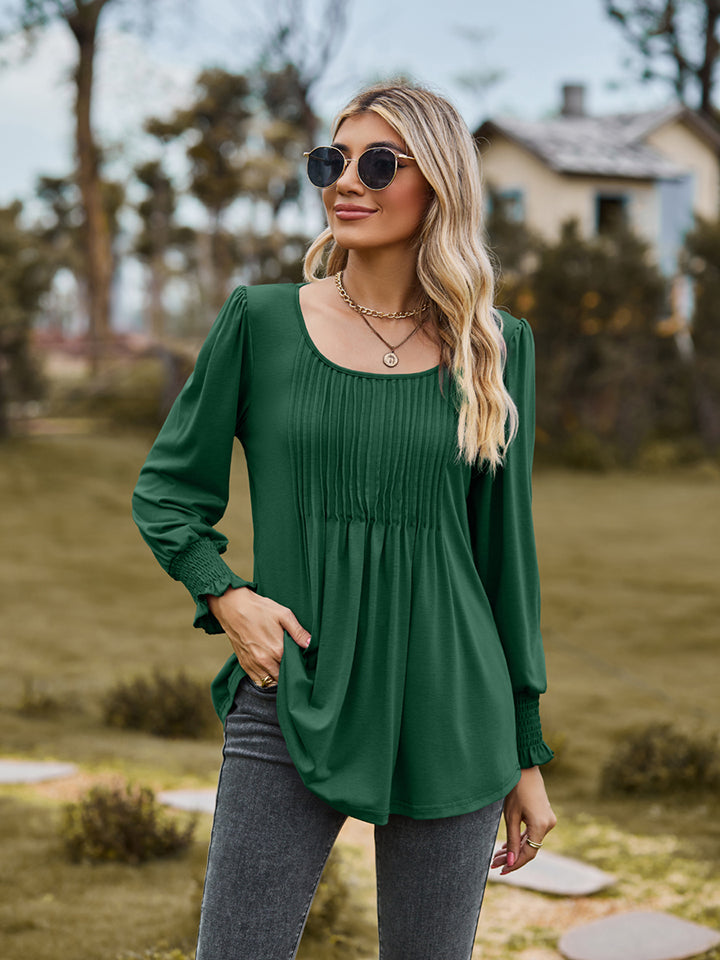 Green Pintuck pleated puff sleeve blouse with smocked cuffs