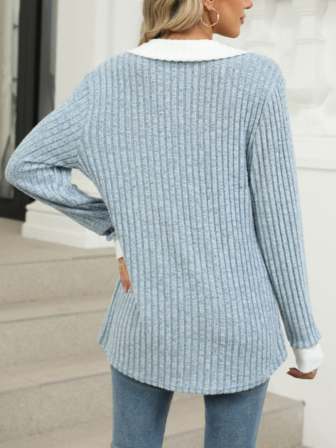 Ribbed knit long sleeve top with contrast collar and cuffs