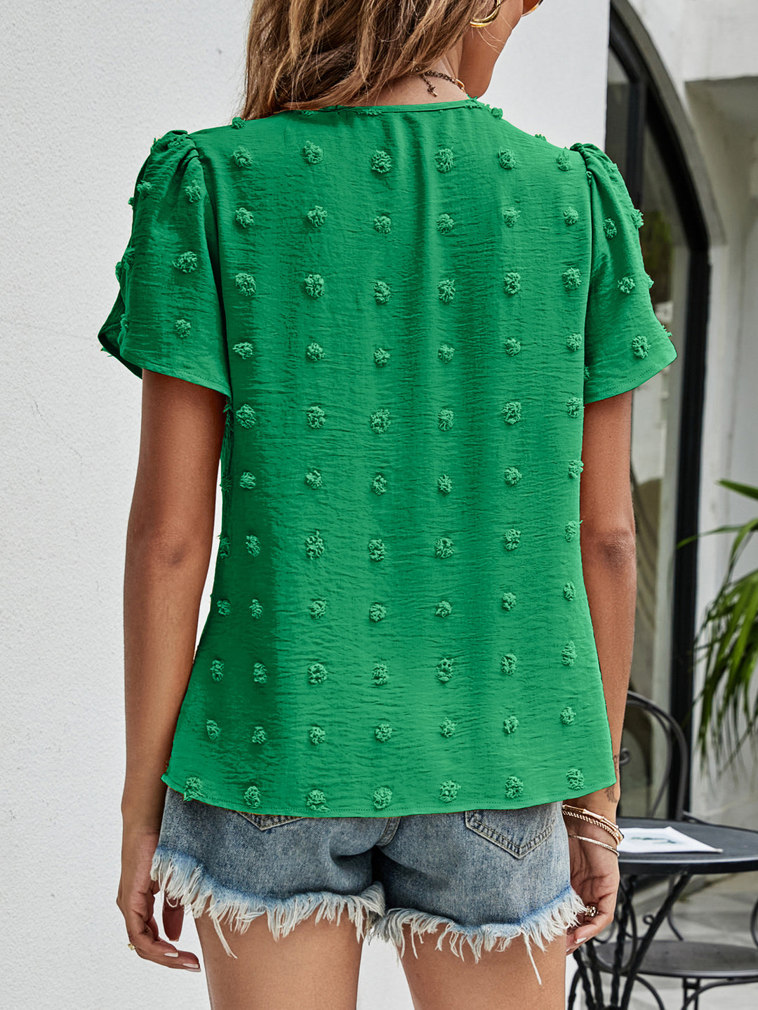 Swiss dot petal sleeve top with pleated round neck